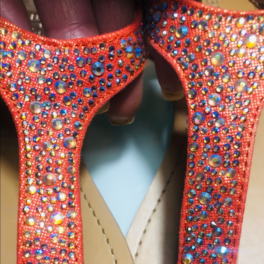 BCBG orange sandals. Sparklers with crystals.